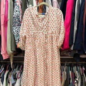 Daughters of India White Dress with Red and Green Floral Pattern